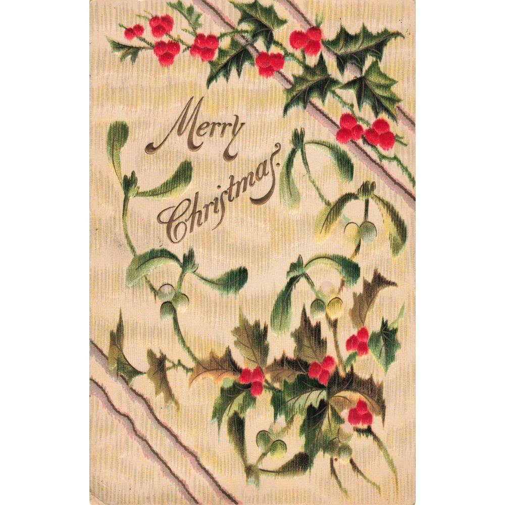 Vtg 1910 Merry Christmas Postcard RPPC Embossed Holly Mistletoe Germany - Picture 1 of 2